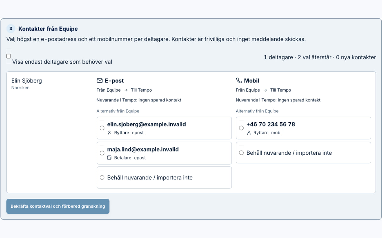Tempo visar kontaktval som ska bekräftas innan importen granskas.