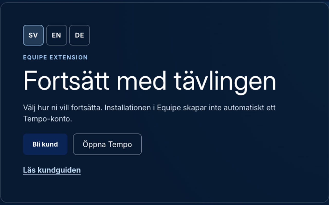 Tempo-överlämningen visar valen Bli kund och Öppna Tempo.
