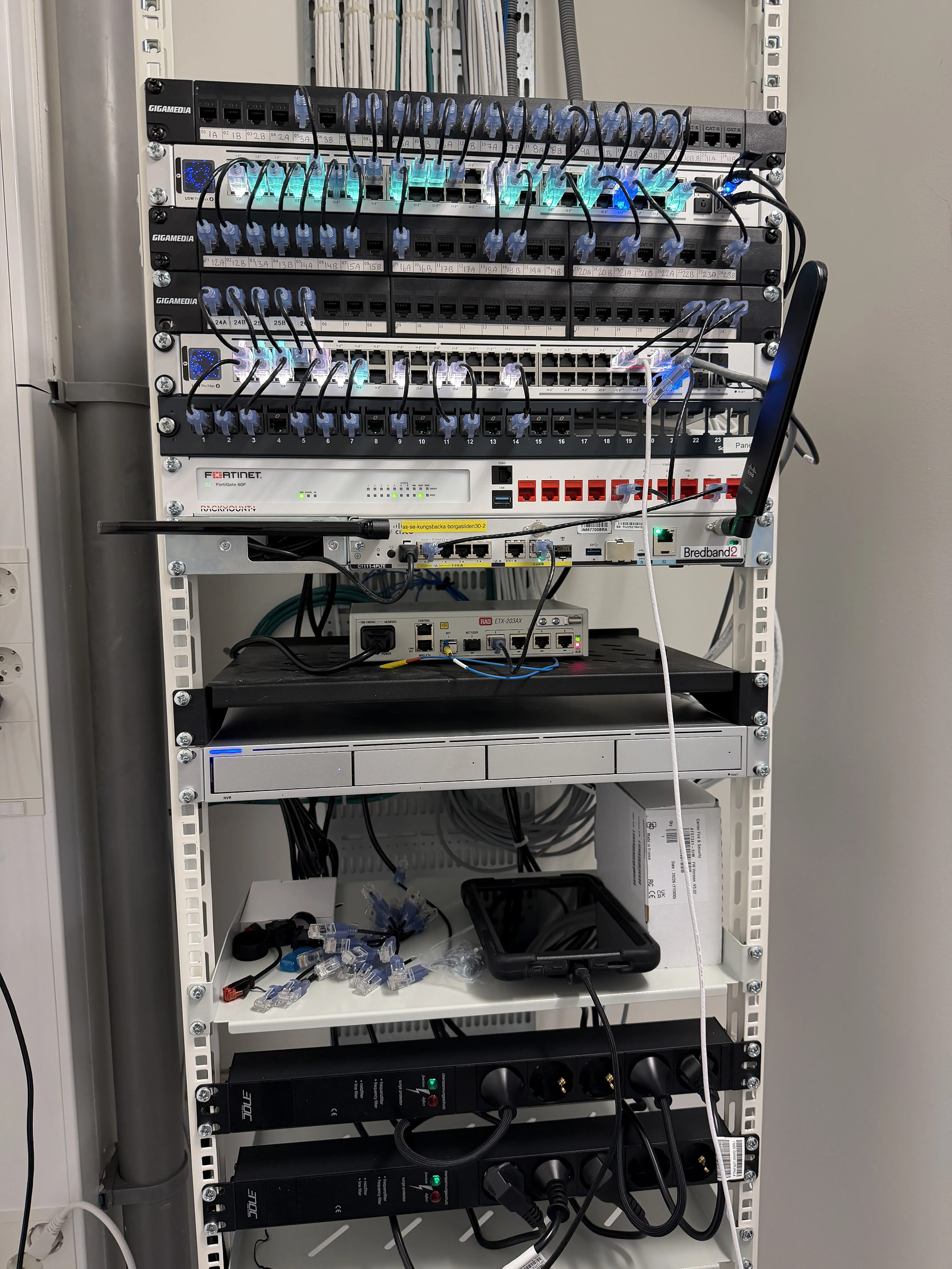 Fiberpaneler, switchar och anslutningar i ett nätverksskåp